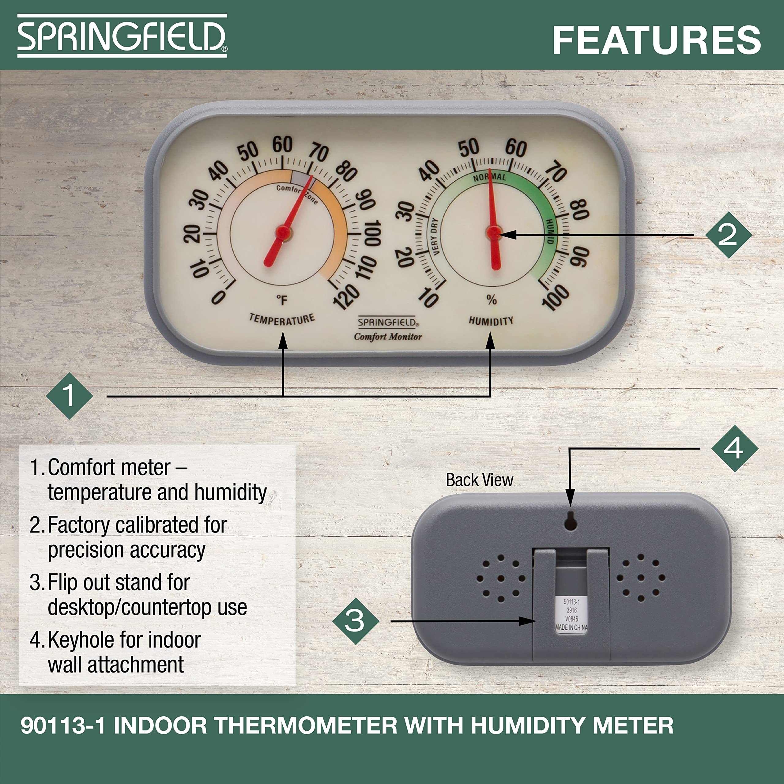 Close-up of Springfield thermometer showing temperature and humidity gauges
