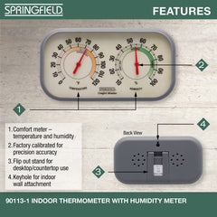 Close-up of Springfield thermometer showing temperature and humidity gauges