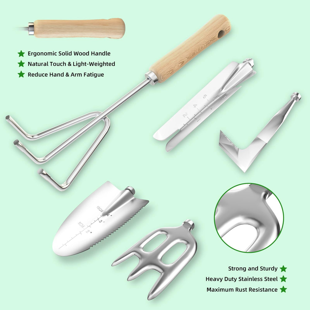 Close-up of stainless steel garden trowel from Snuggalux set