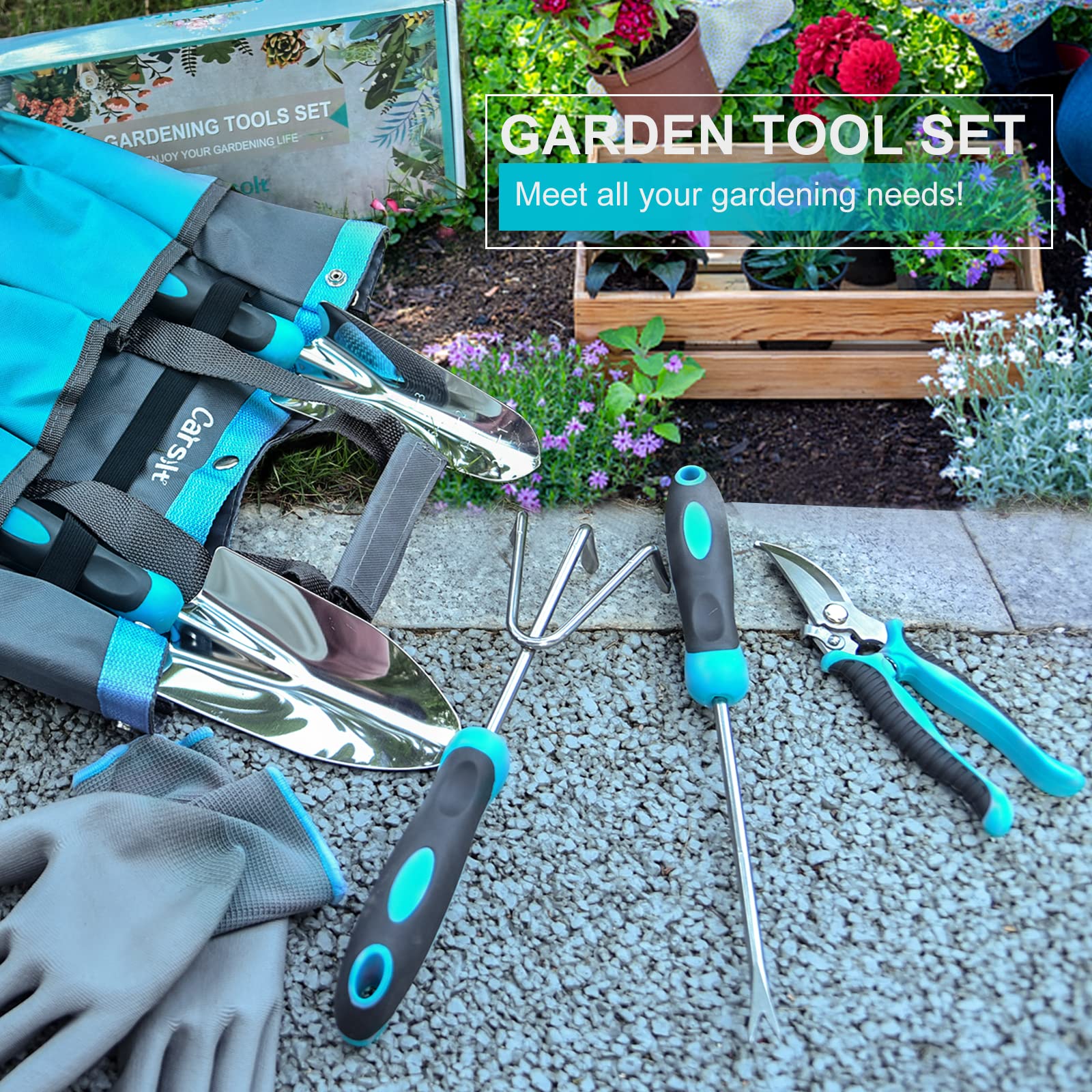 Close-up of stainless steel gardening tools