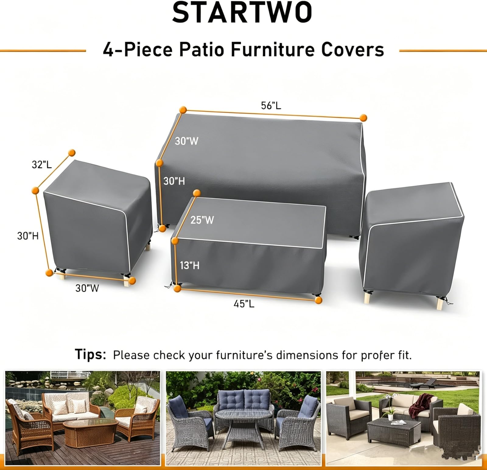 Close-up of STARTWO loveseat cover showing dimensions