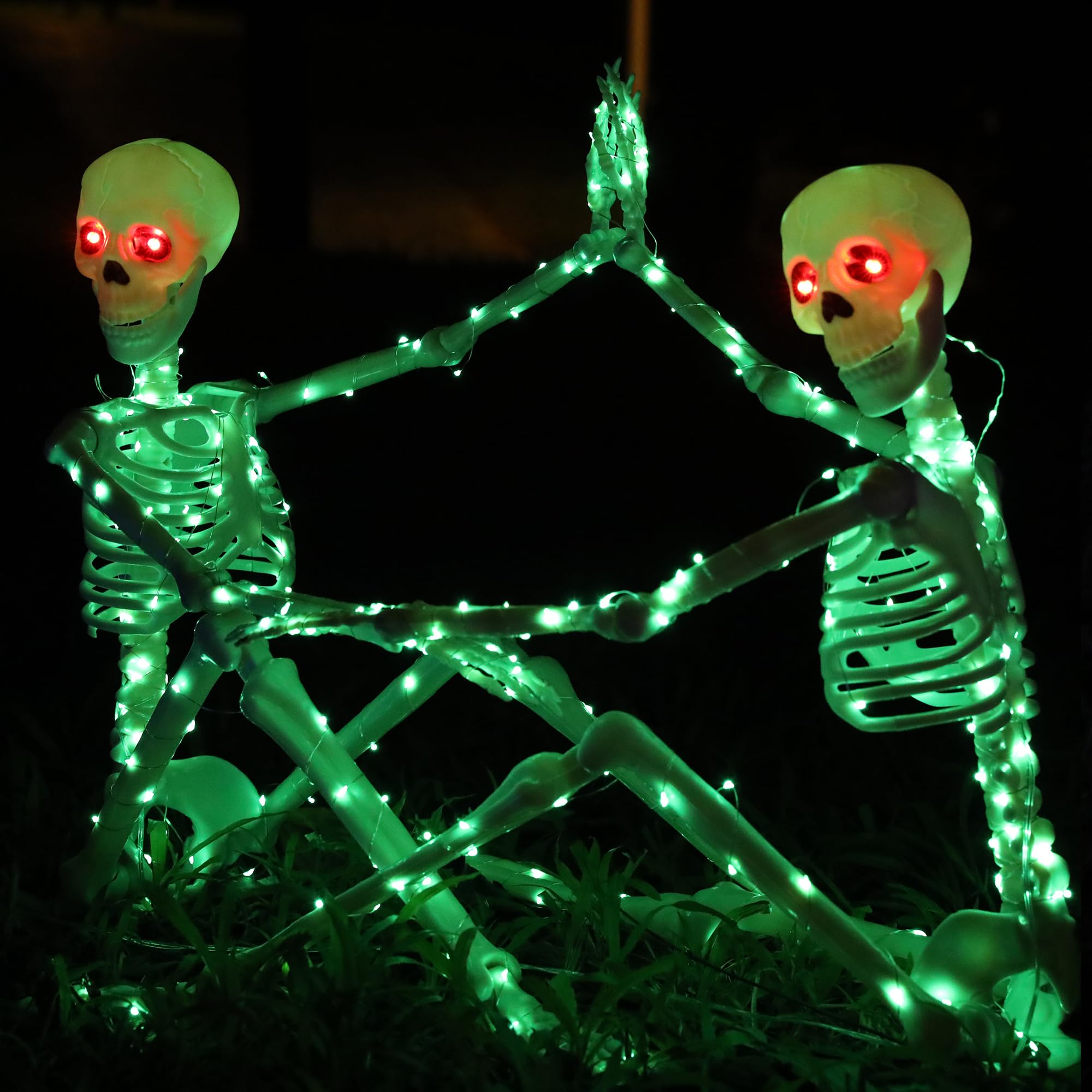 Close-up of Starweeks skeleton's glowing red eyes and LED lighting