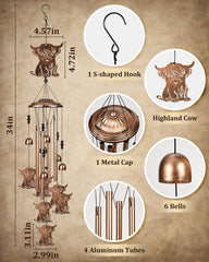 Close-up of SUNCKET Highland Cow wind chime tubes and design