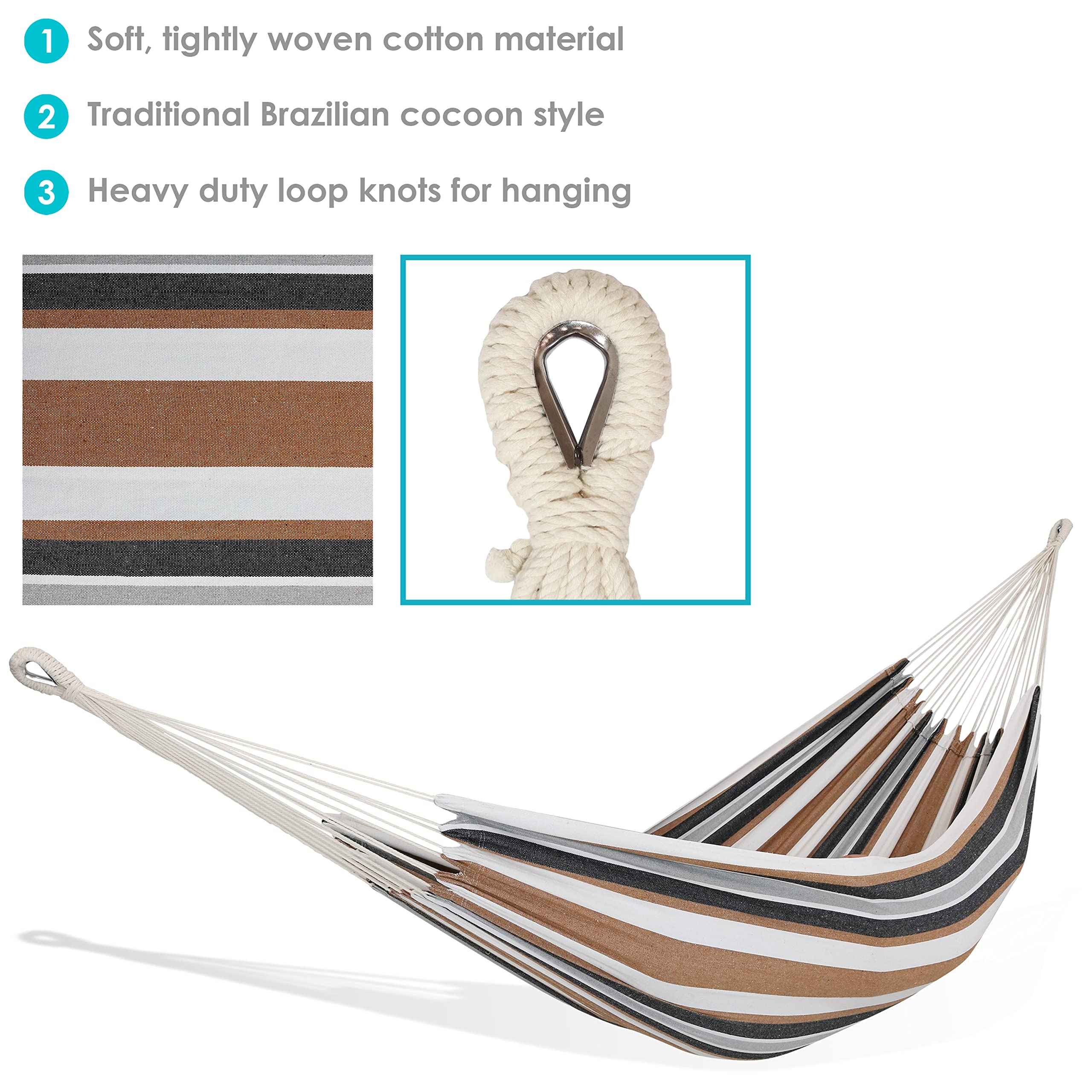 Close-up of Sunnydaze hammock showing cotton rope loops