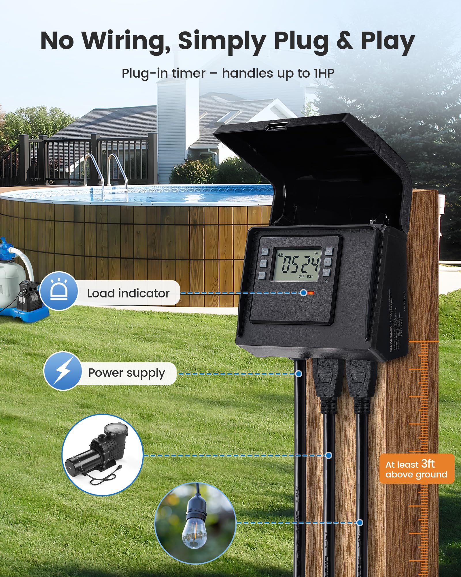 Close-up of SURAIELEC Digital Pool Timer NEMA 5-15R connection