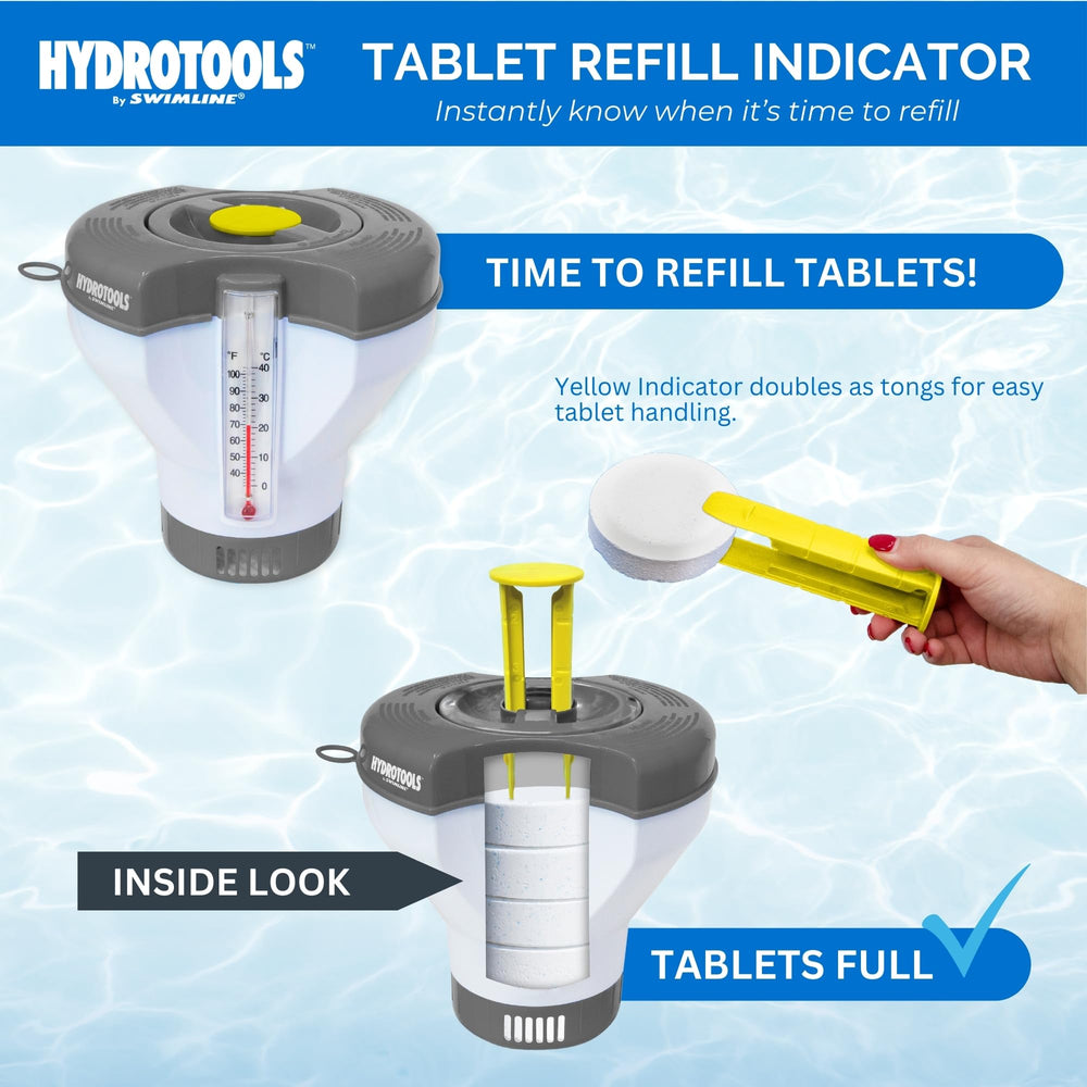 Close-up of Swimline chlorine tablet dispenser showing refill indicator