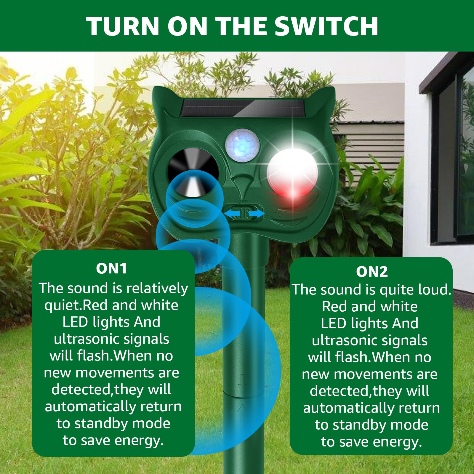 Close-up of Sxaze Solar Ultrasonic Animal Repellent LED lights