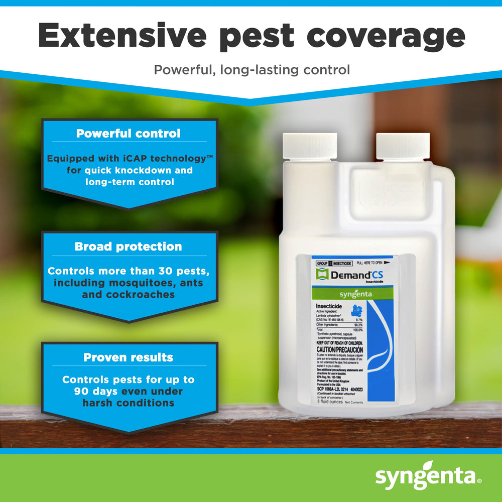 Close-up of Syngenta Demand CS Insecticide label and instructions