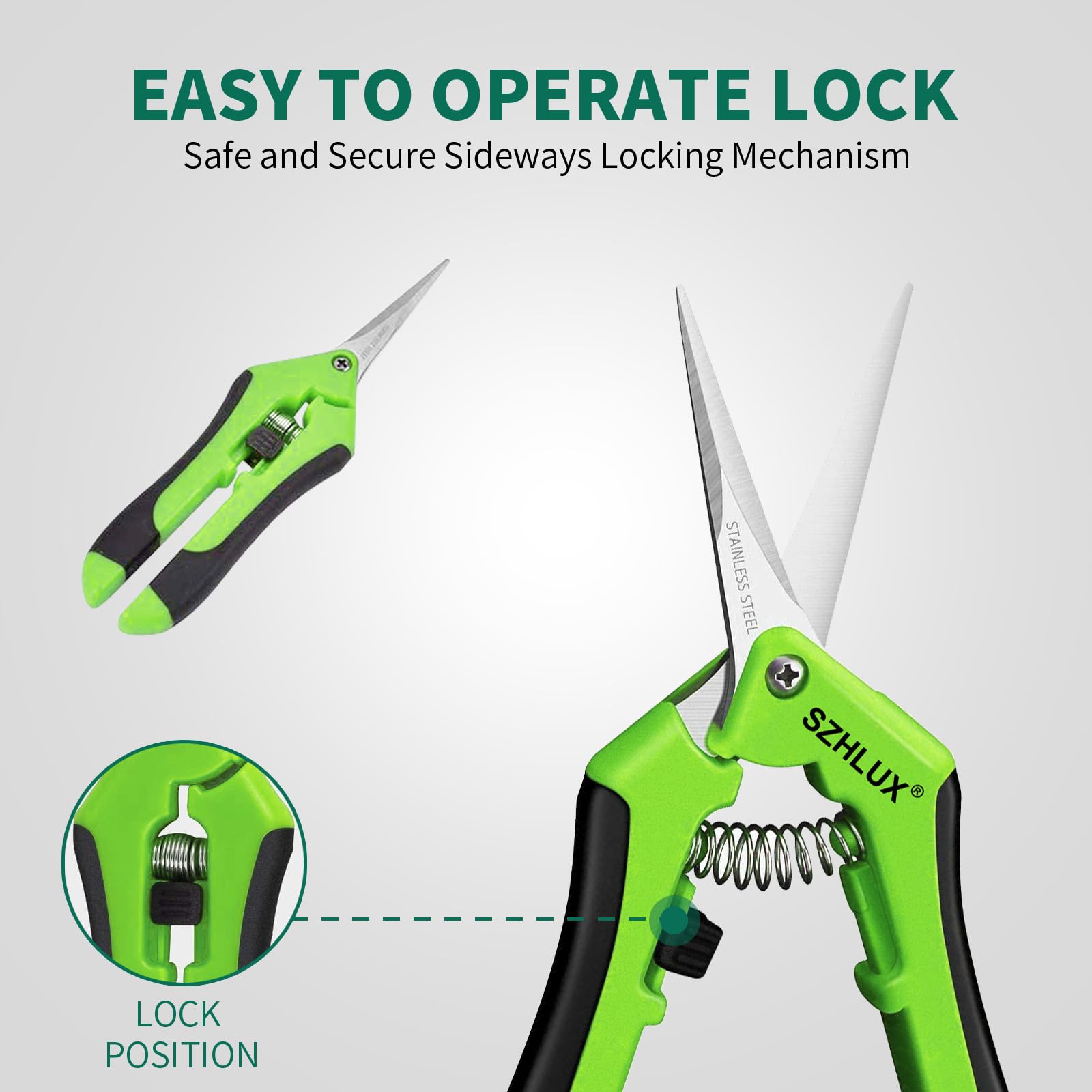 Close-up of SZHLUX gardening scissors with green ergonomic grip