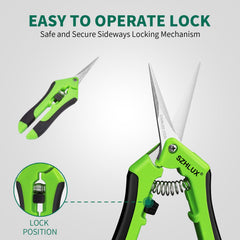 Close-up of SZHLUX gardening scissors with green ergonomic grip