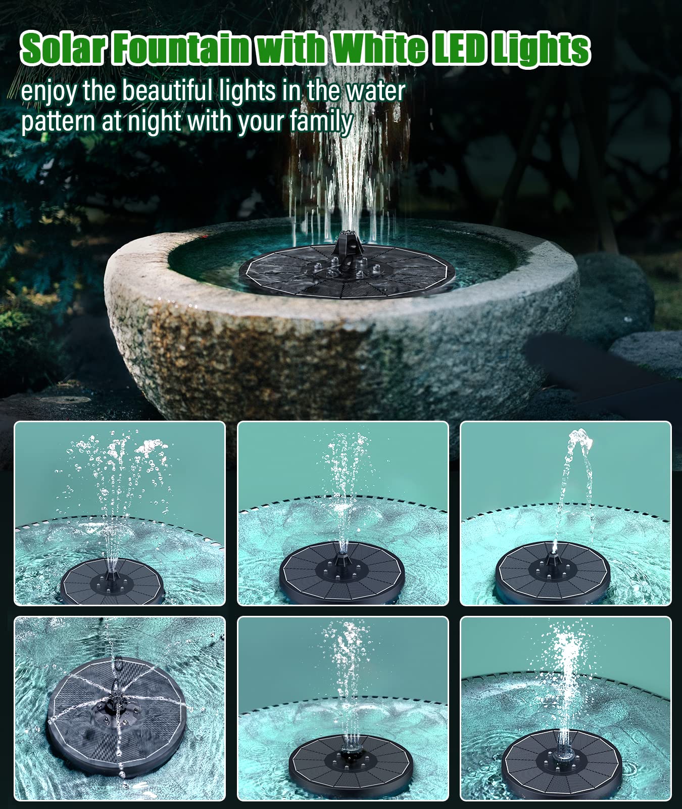Close-up of SZMP Solar Fountain LED lights