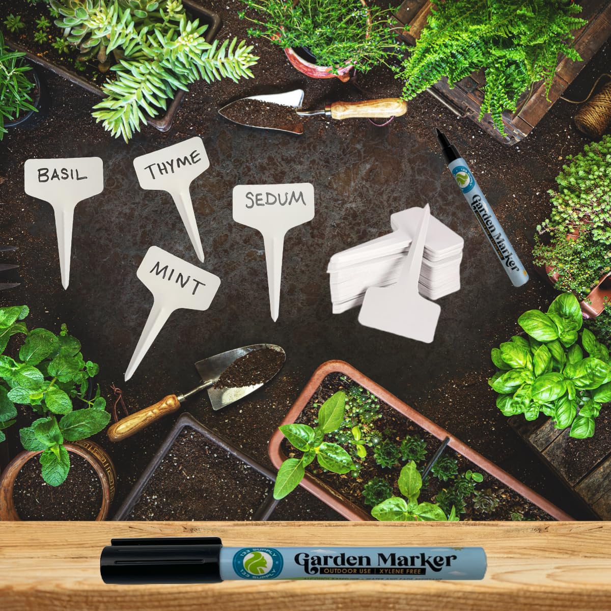 Close-up of T-Type plastic plant label with writing space