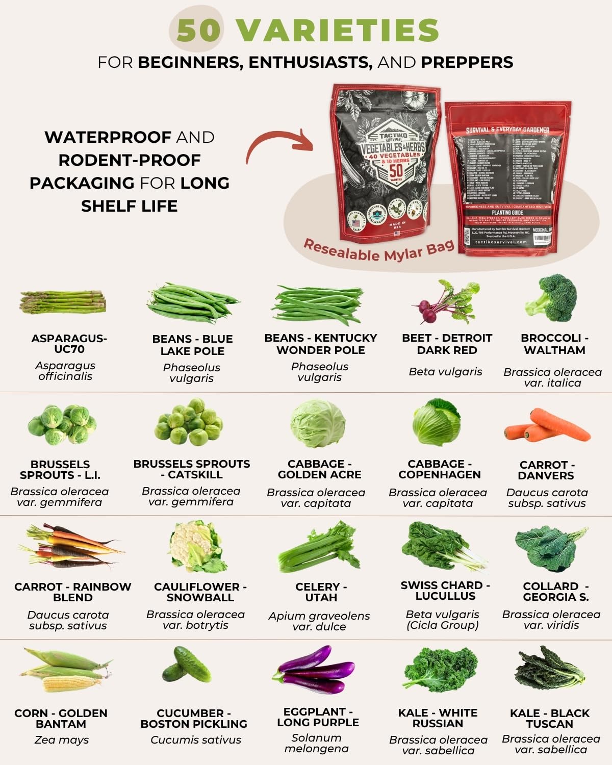 Close-up of Tactiko seed packets featuring vegetable and herb varieties