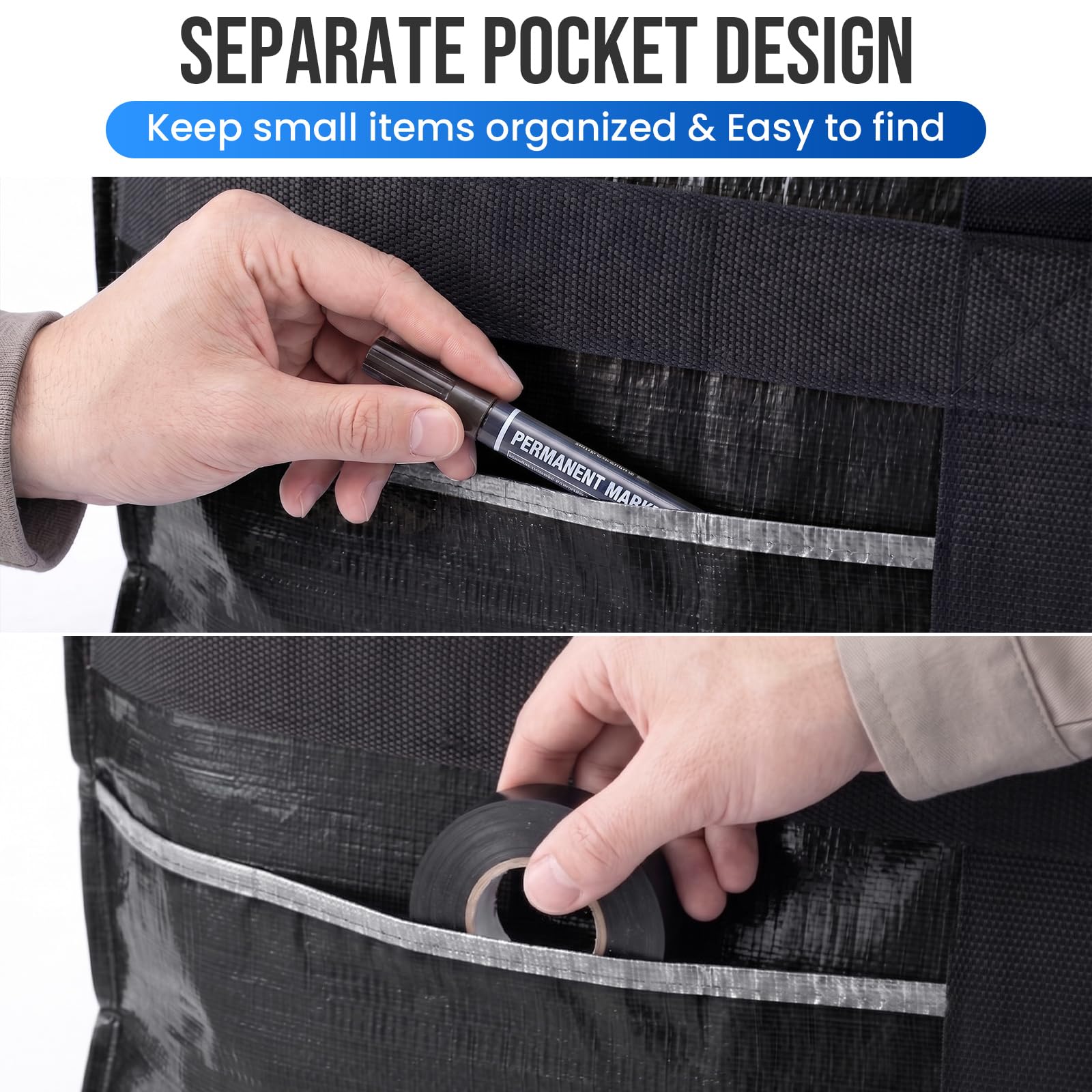 Close-up of TAILI storage bag zipper and handles