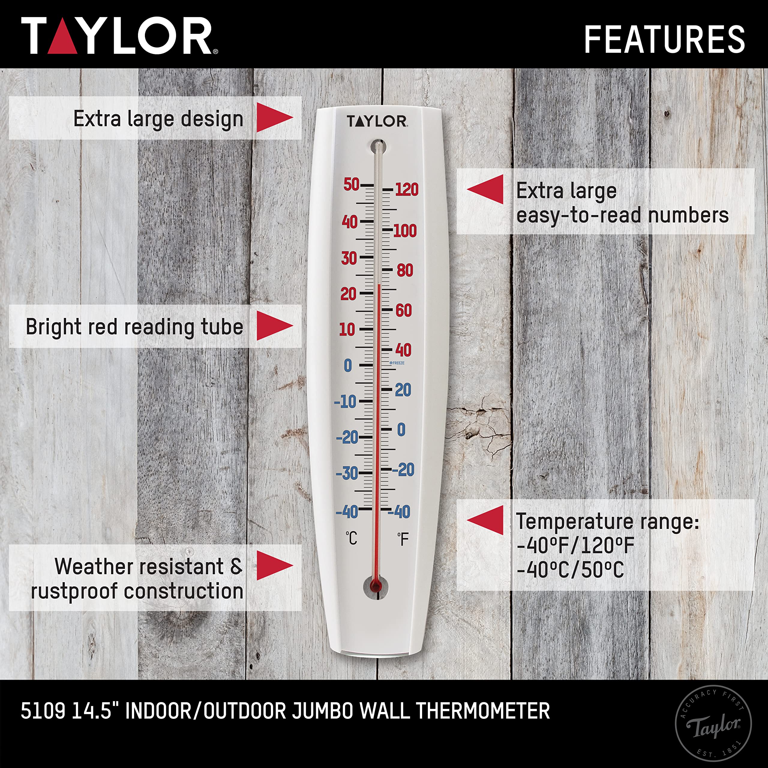 Close-up of Taylor Jumbo Thermometer dial with temperature readings