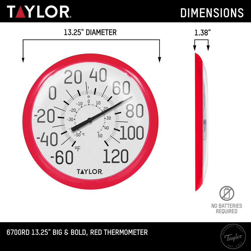 Close-up of Taylor thermometer showing bold numbers and red pointer