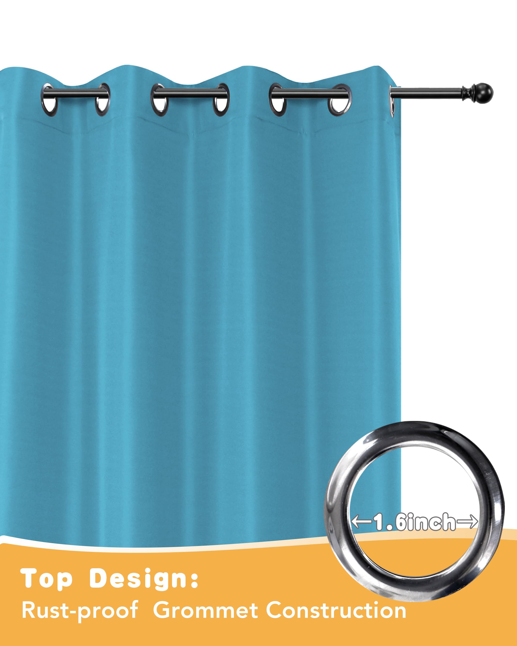 Close-up of teal outdoor curtains in sunlight