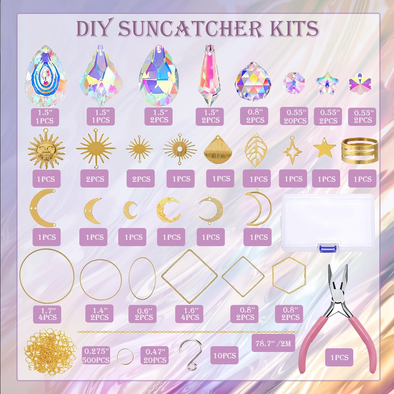 Close-up of tear drop and leaf crystals in suncatcher kit