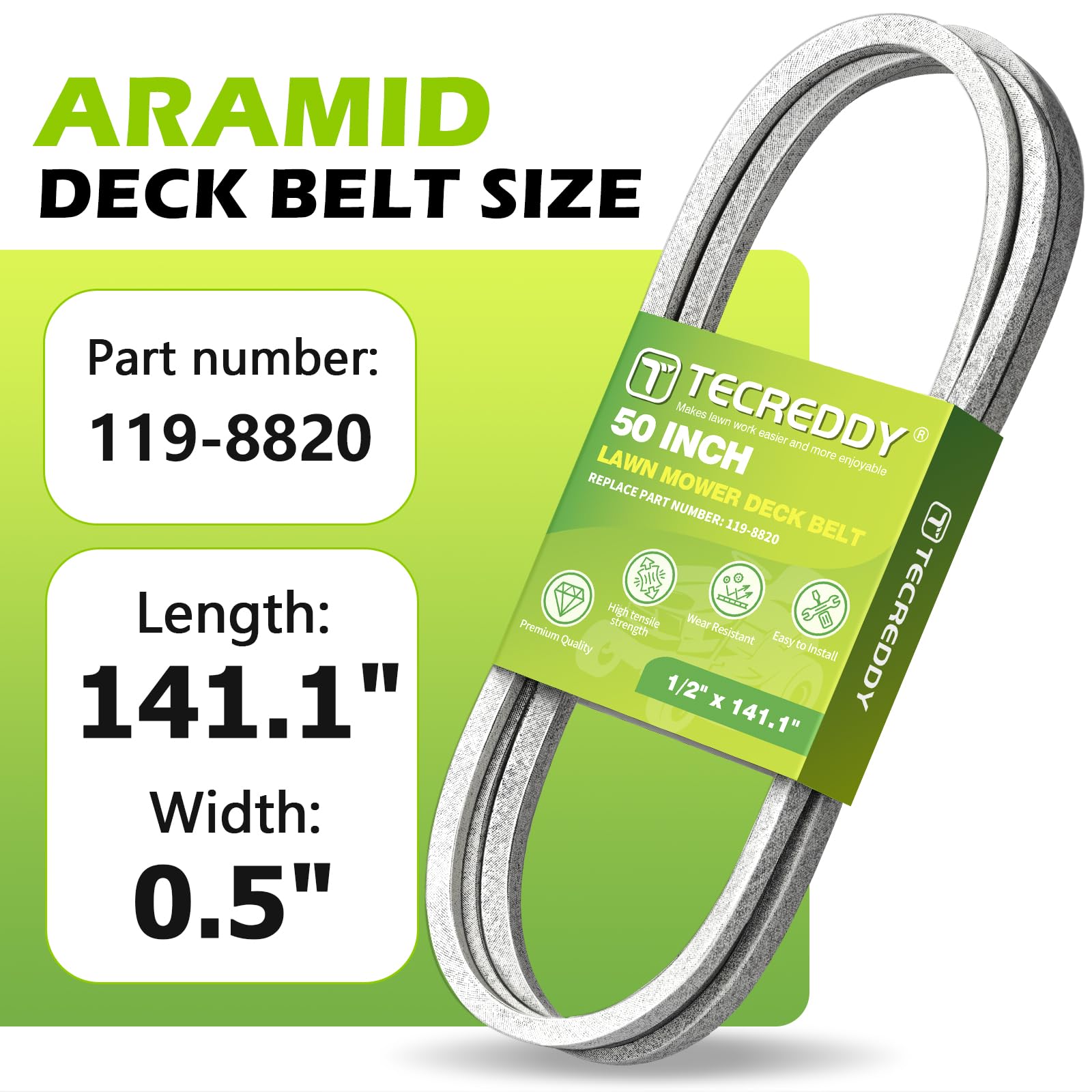 Close-up of Tecreddy deck belt showing aramid fiber construction