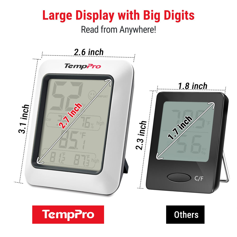 Close-up of TempPro hygrometer settings and controls