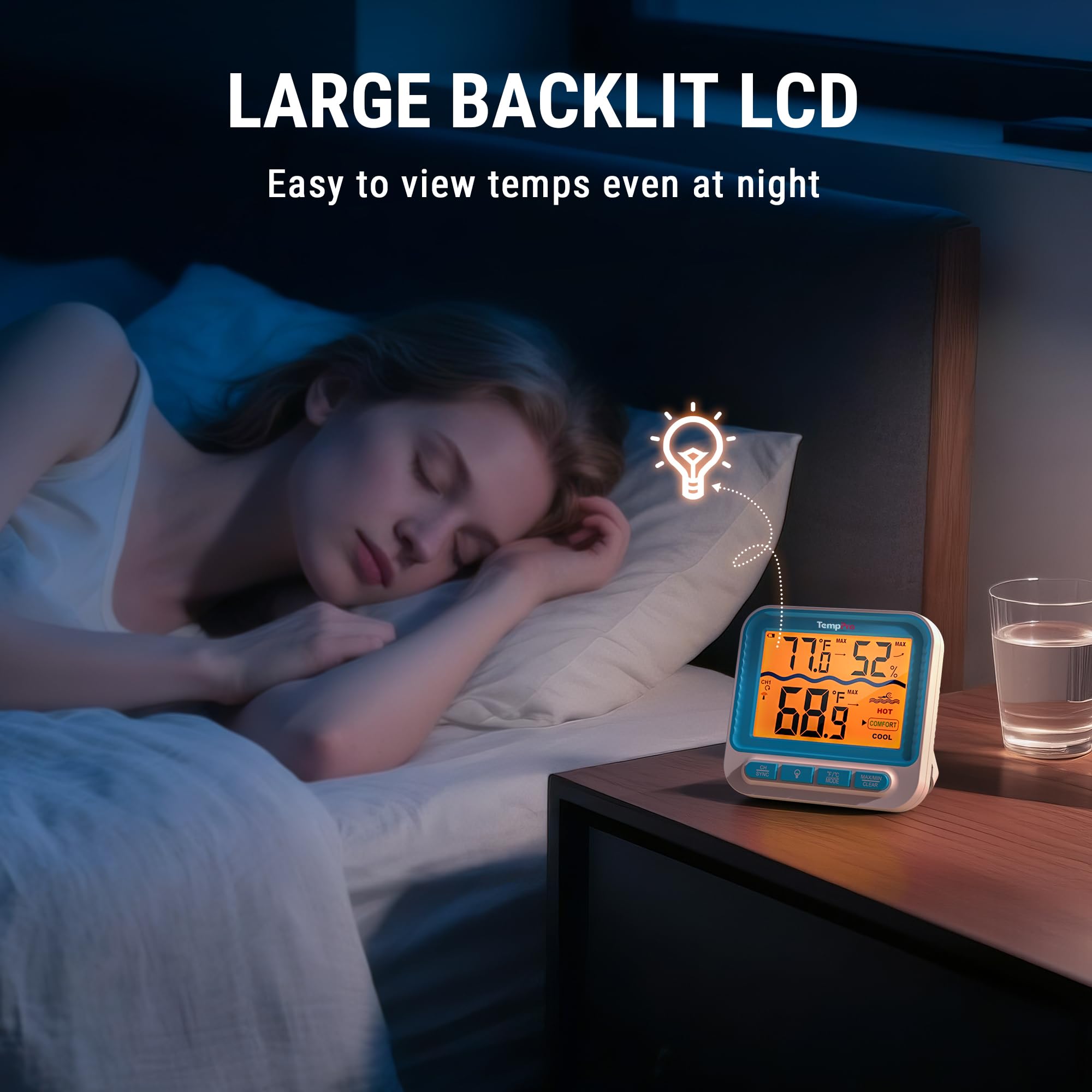 Close-up of TempPro Wireless Pool Thermometer's large backlit display