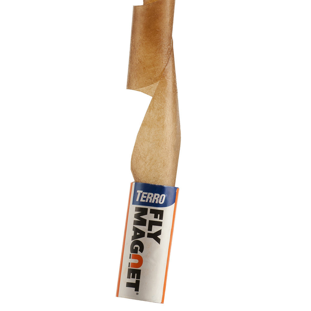 Close-up of Terro fly paper tube ready to use