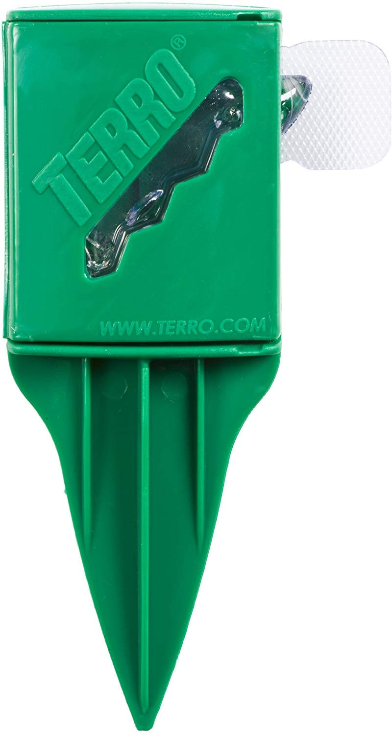 Close-up of Terro Outdoor Liquid Ant Bait Stakes showing activation tab