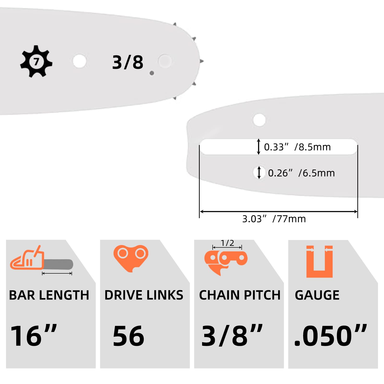 Close-up of the 16 Inch chainsaw chains featuring 3/8 inch pitch
