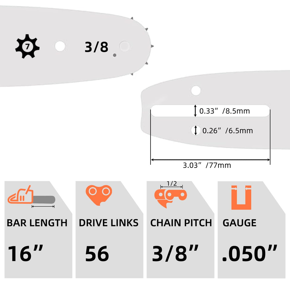 Close-up of the 16 Inch chainsaw chains featuring 3/8 inch pitch