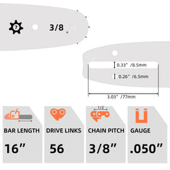 Close-up of the 16 Inch chainsaw chains featuring 3/8 inch pitch
