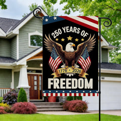 Close-up of the 250th Anniversary Garden Flag showing eagle and dual flags