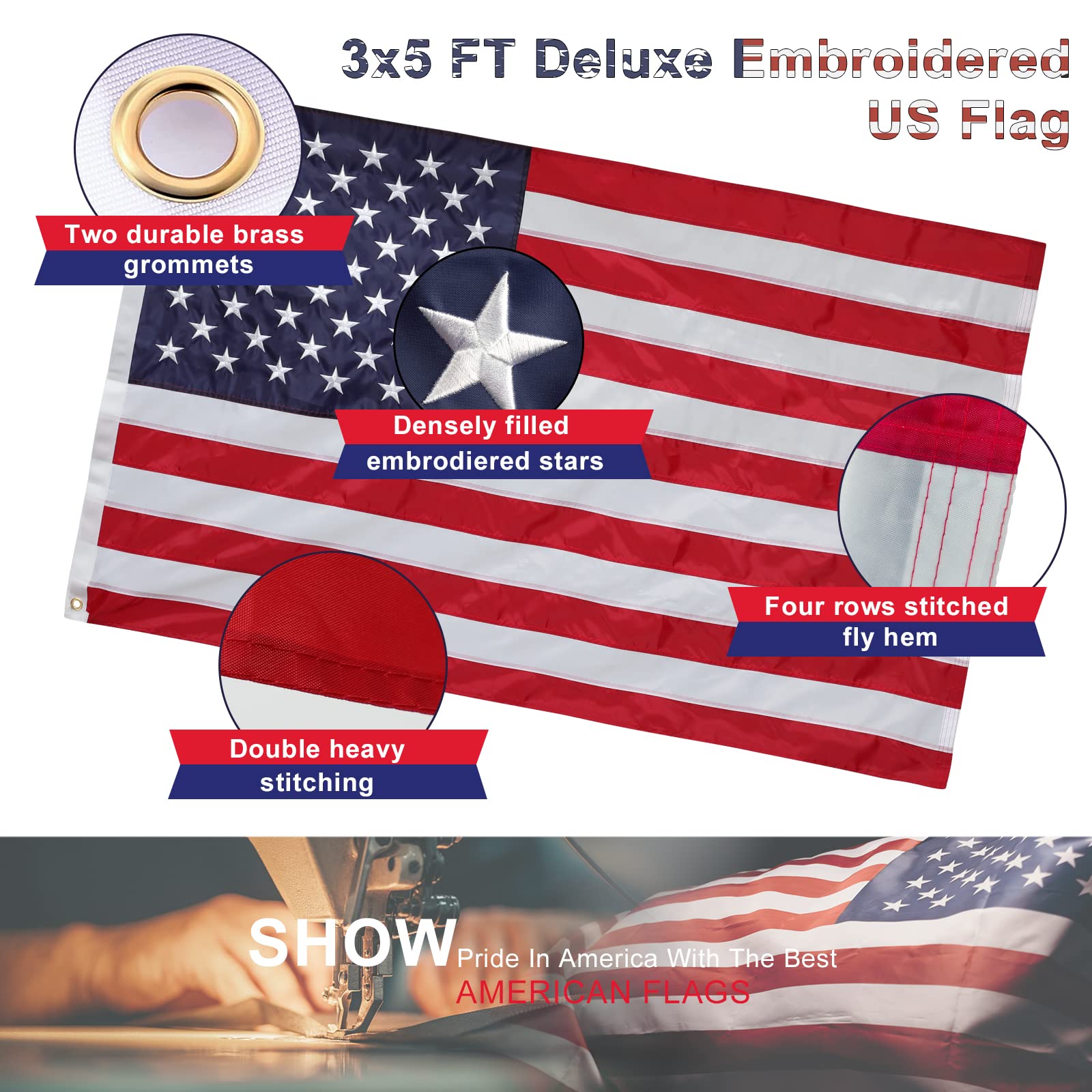 close-up of the 3x5 embroidered US flag with brass grommet