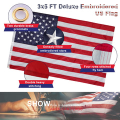close-up of the 3x5 embroidered US flag with brass grommet