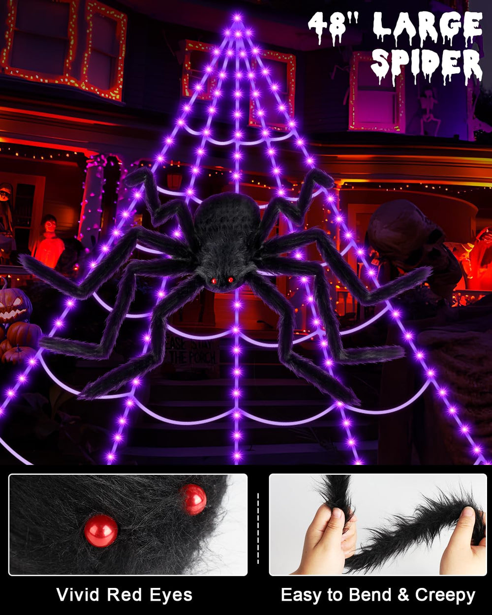 Close-up of the 48-inch realistic spider with red eyes