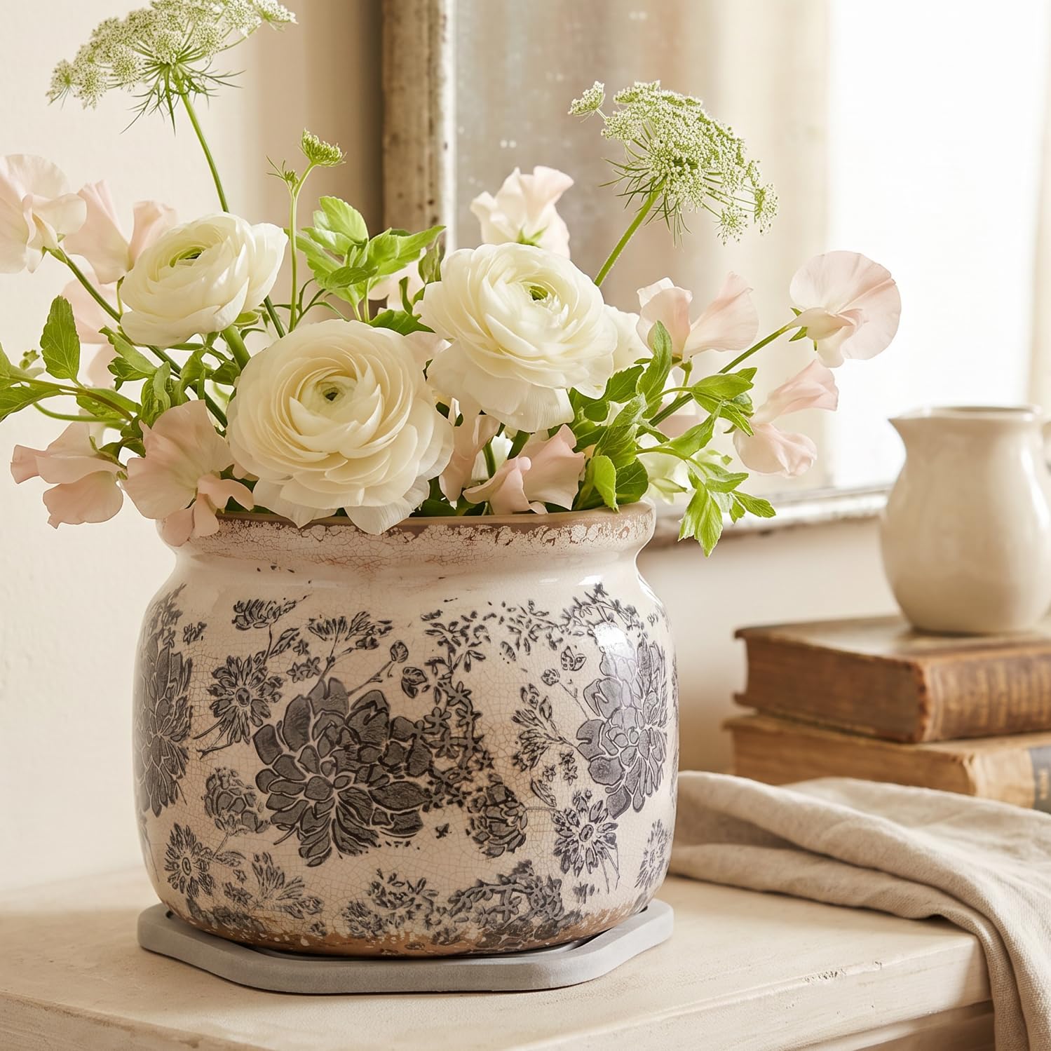 Close-up of the antique crackle glaze finish on the ceramic planter