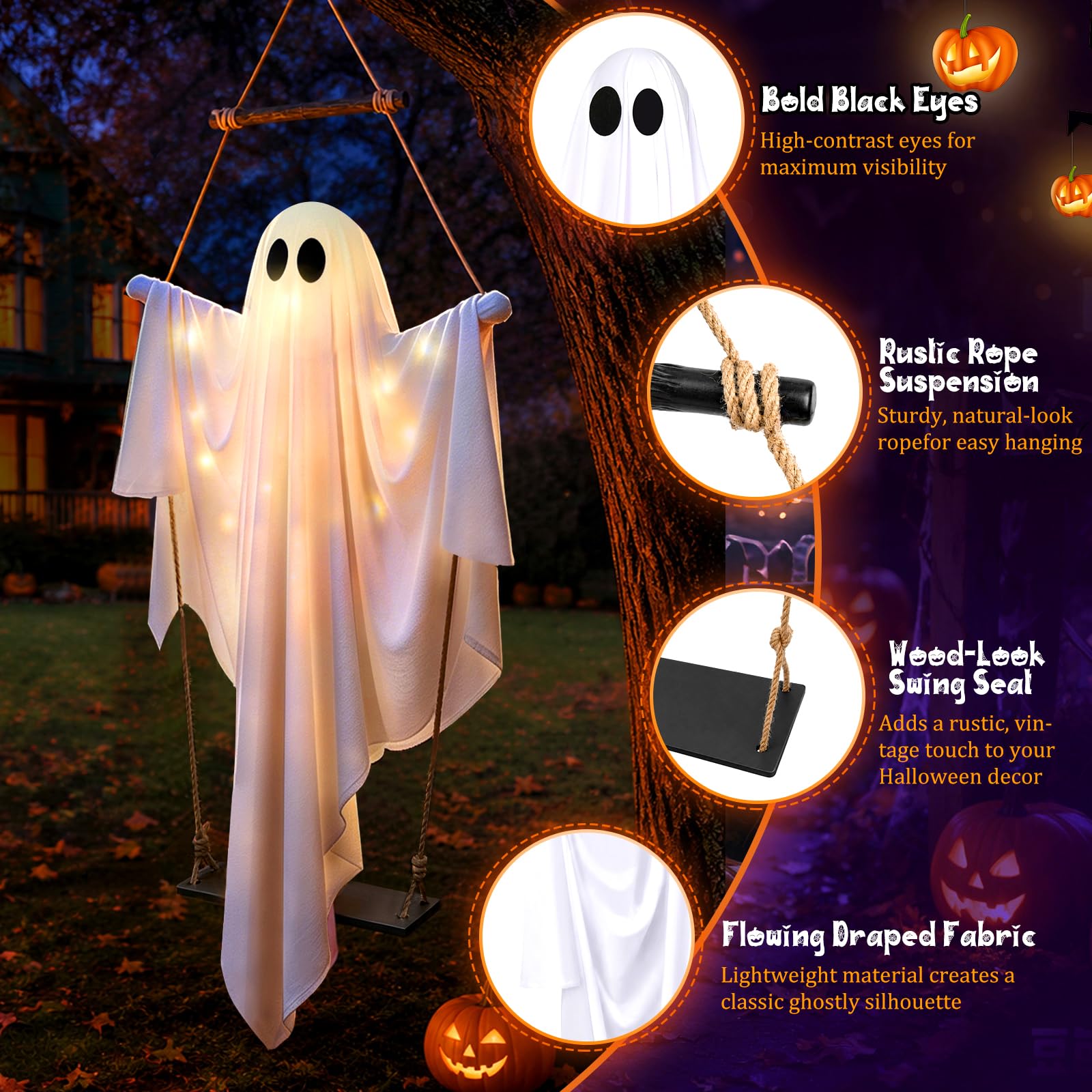 Close-up of the Axcoix Swinging Ghost's spooky black eyes