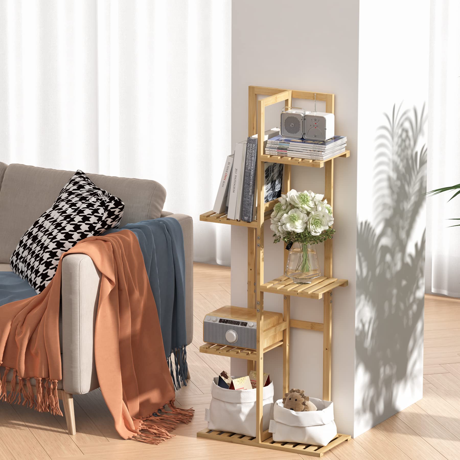 Close-up of the bamboo material and smooth finish on the plant stand
