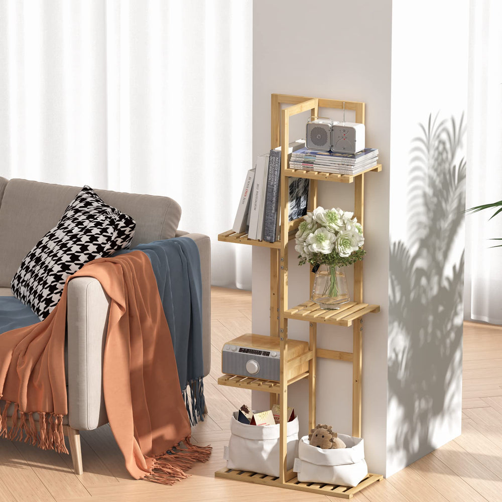 Close-up of the bamboo material and smooth finish on the plant stand
