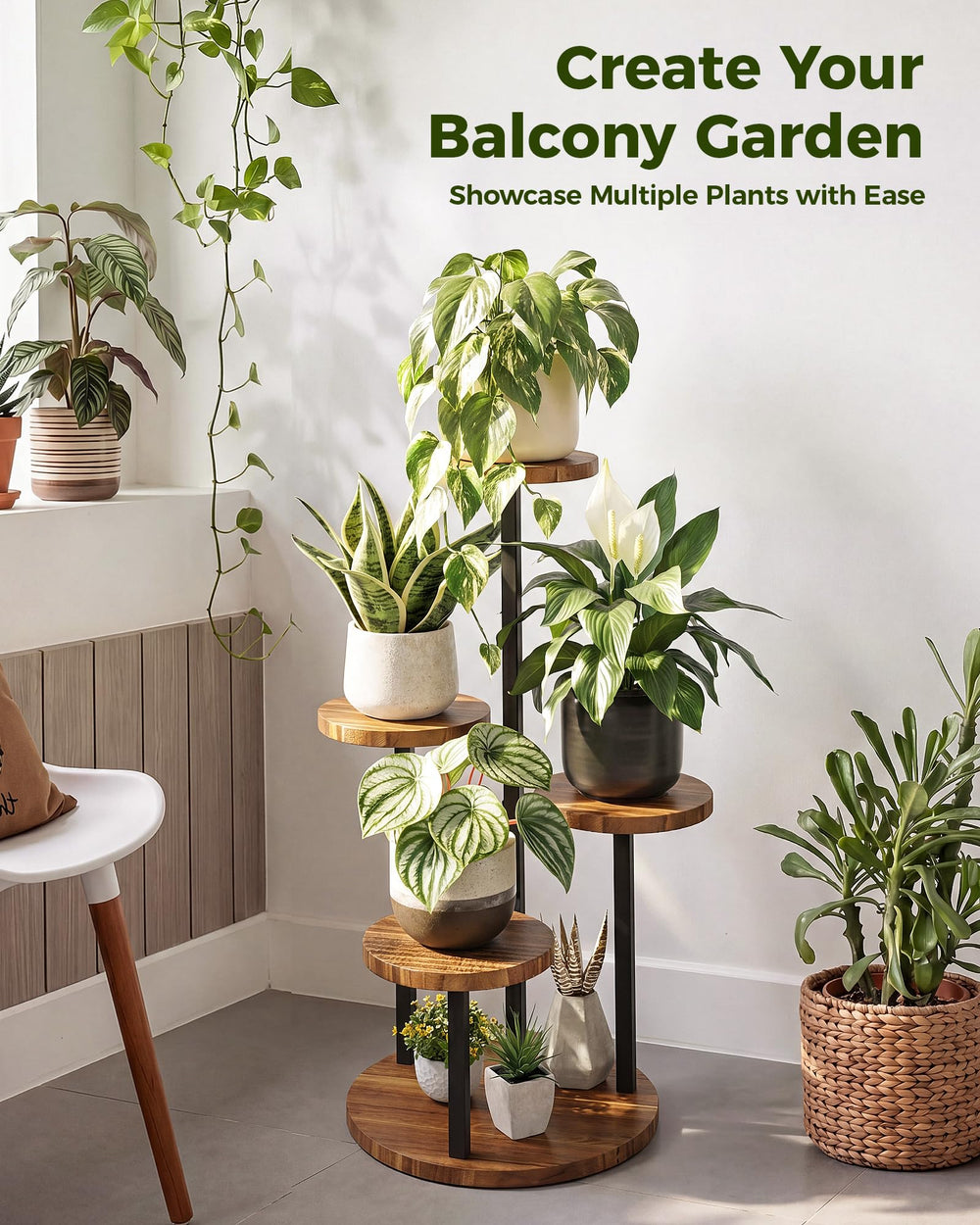 Close-up of the Bamworld 4 Tier Plant Stand wooden trays