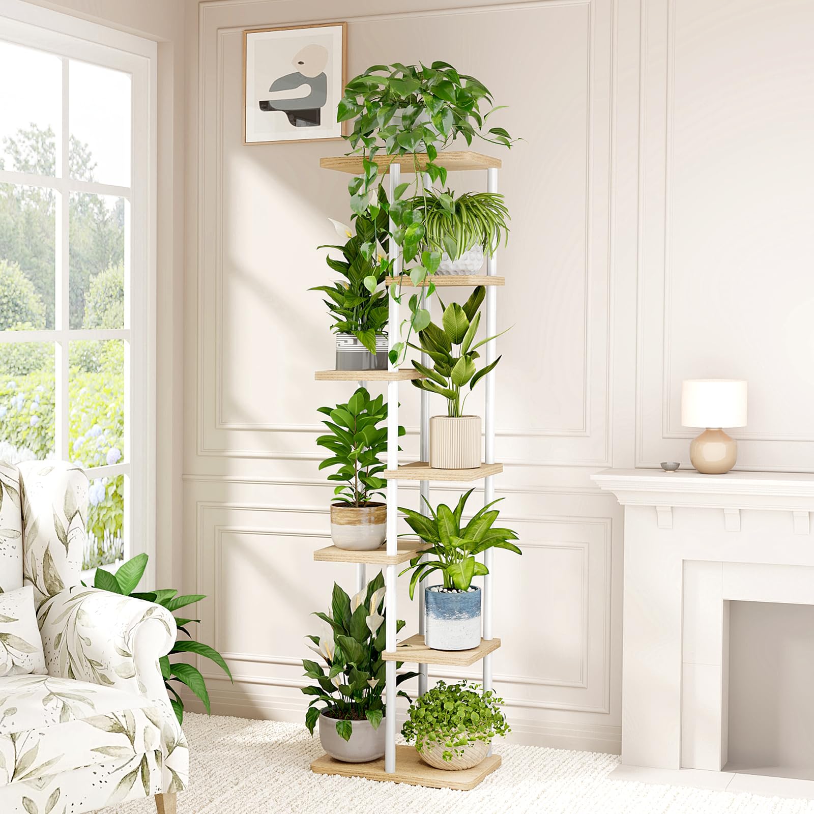 Close-up of the Bamworld plant stand showing metal pipe construction