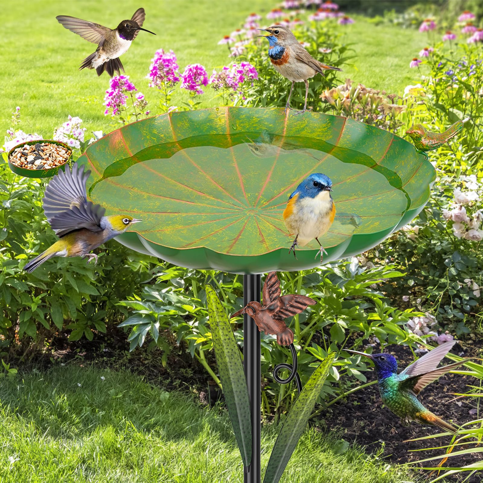 Close-up of the bird feeder attachment on YALINKA Metal Bird Bath