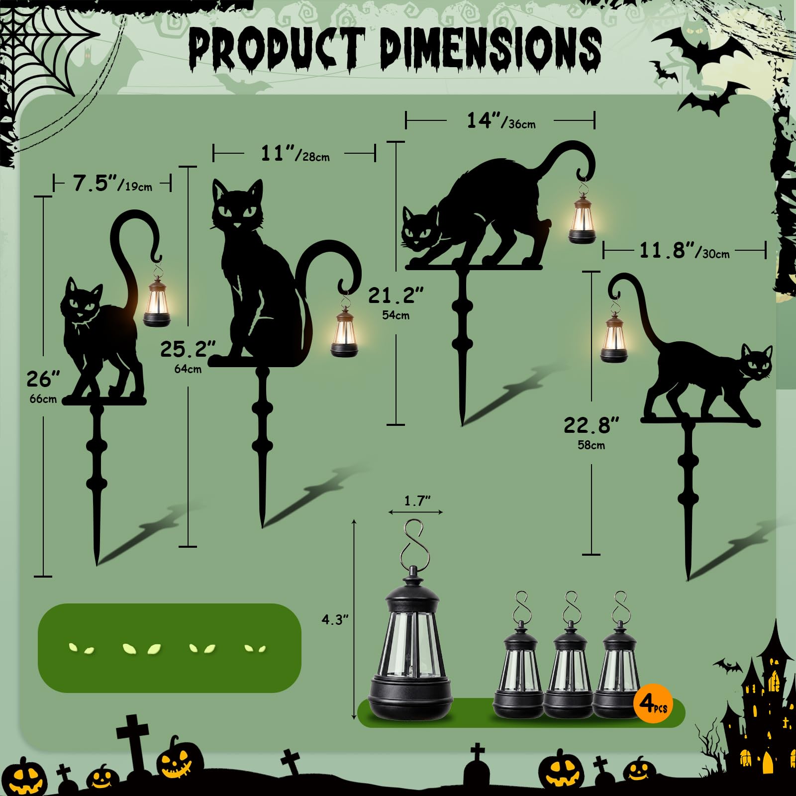 Close-up of the black cat garden stakes showing glow eyes