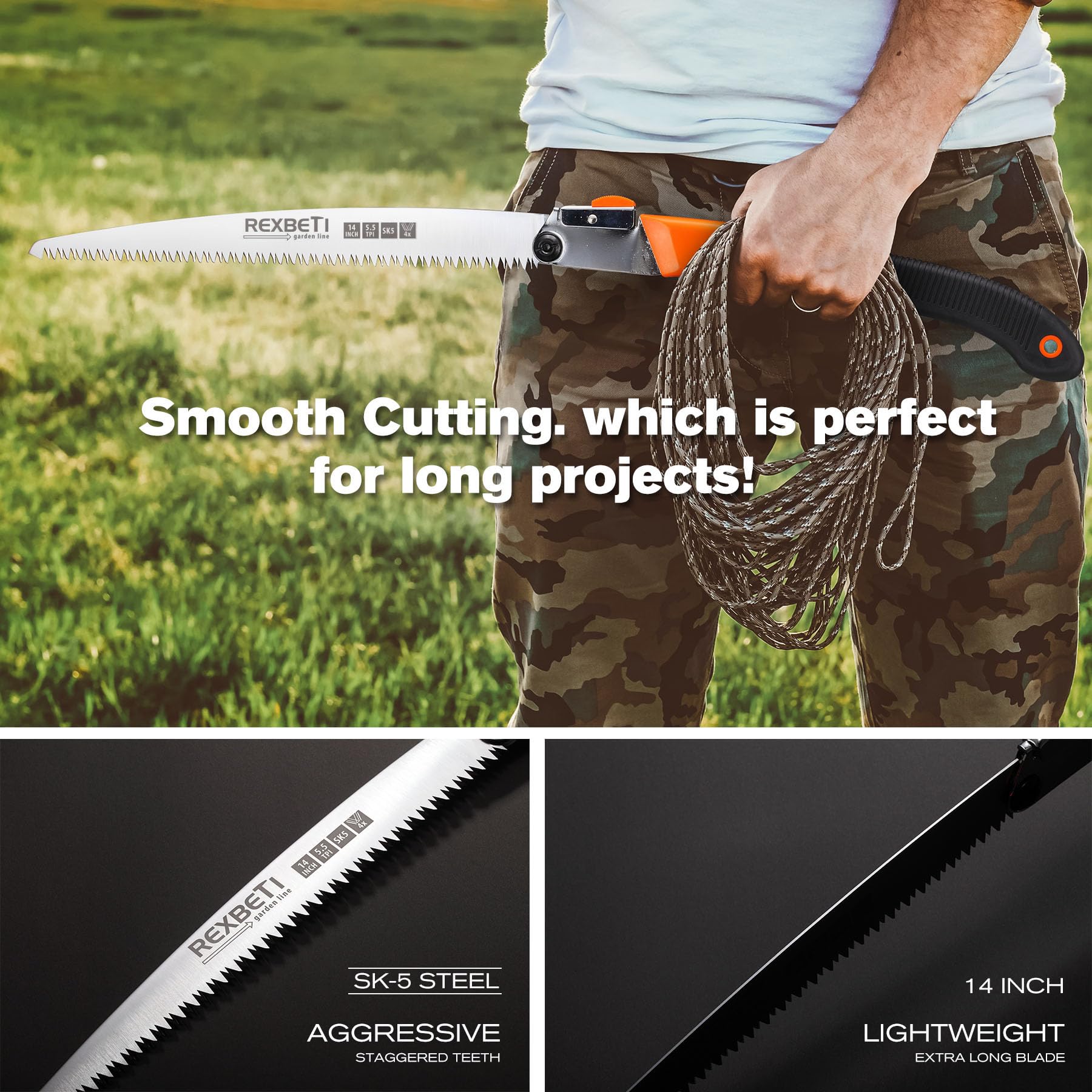 Close-up of the blade of REXBETI 14-Inch Pruning Saw