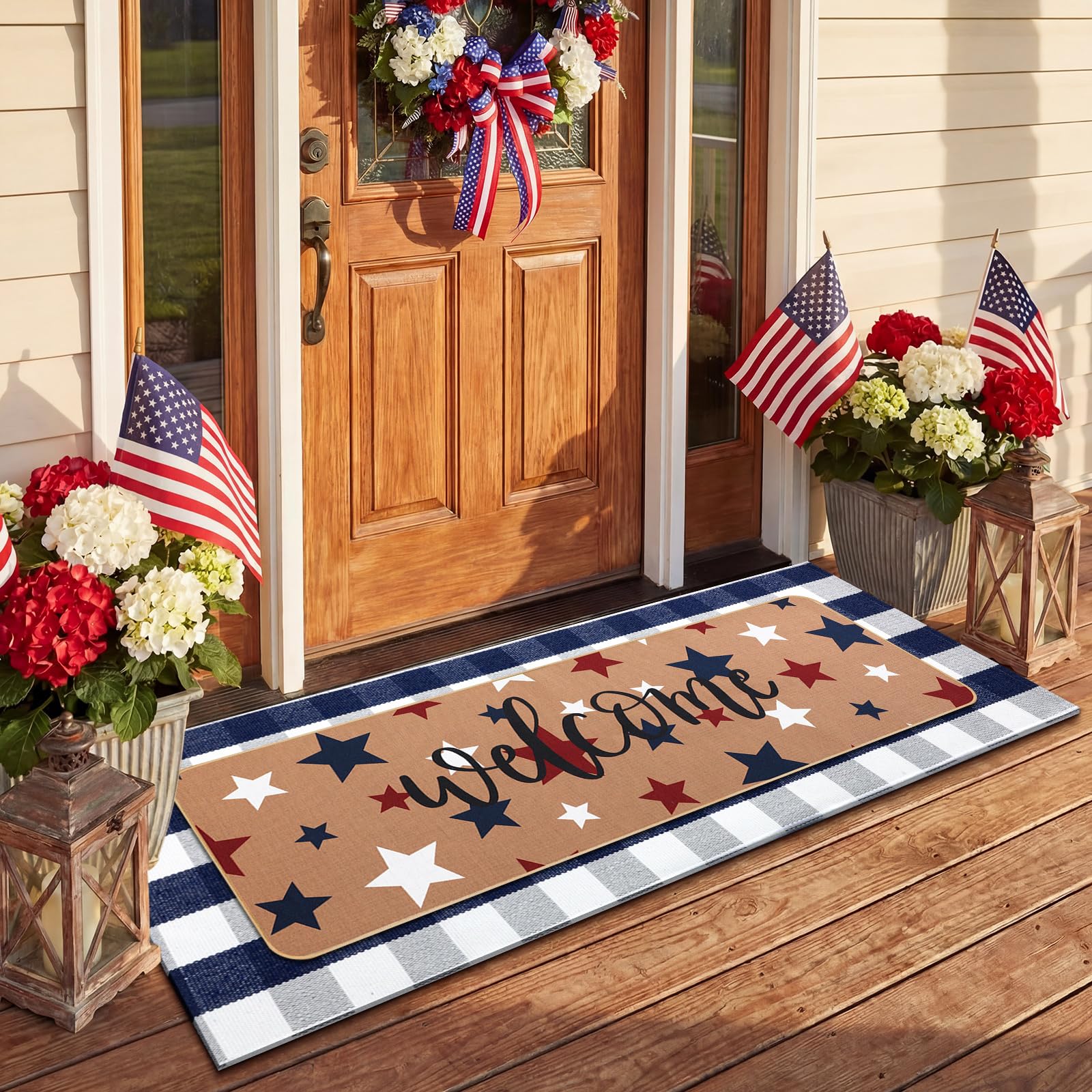 Close-up of the blue and white buffalo plaid door mat design