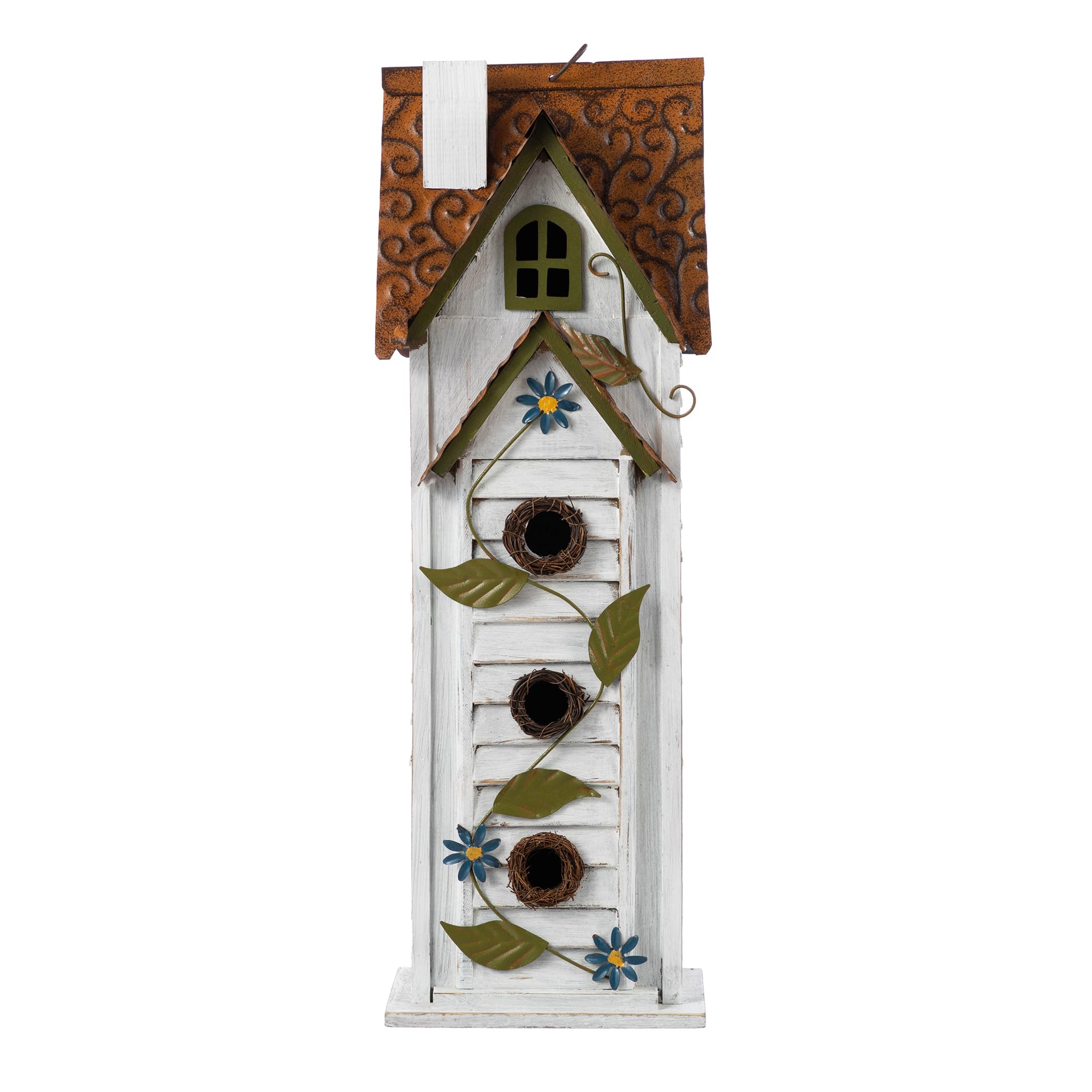 Close-up of the blue floral accents on the bird house