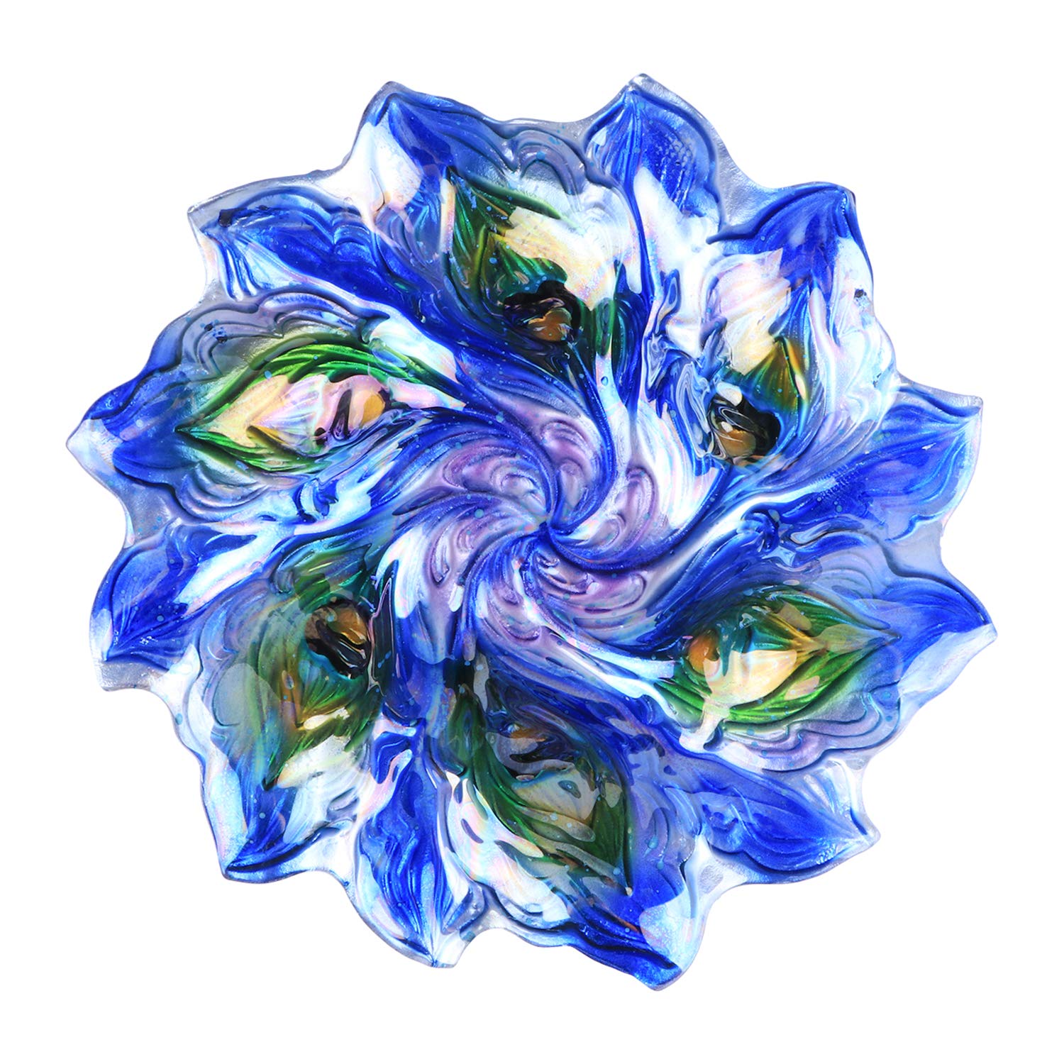 Close-up of the blue flower bowl of VCUTEKA Glass Bird Bath