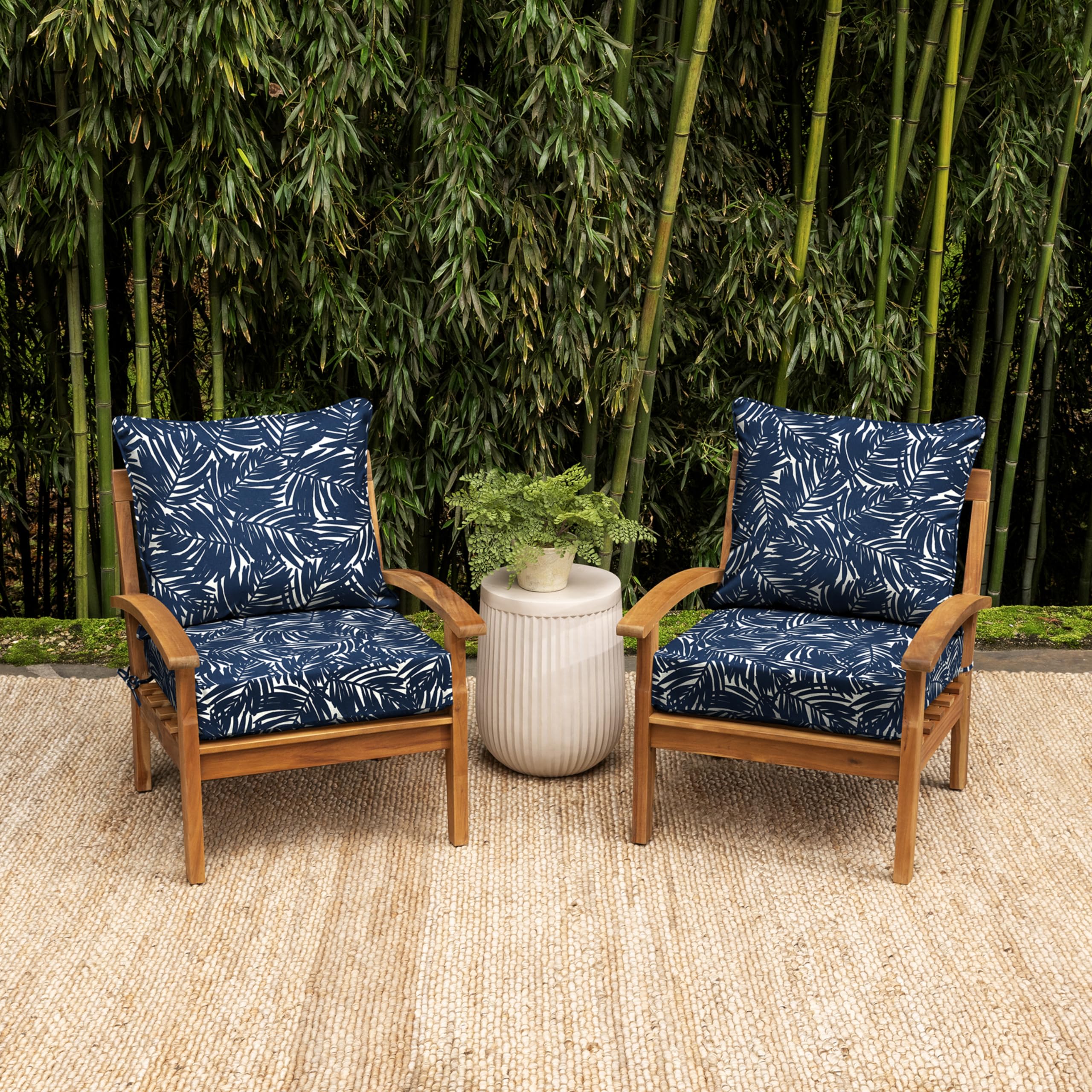 Close-up of the Blue Palm pattern on Arden Selections cushions