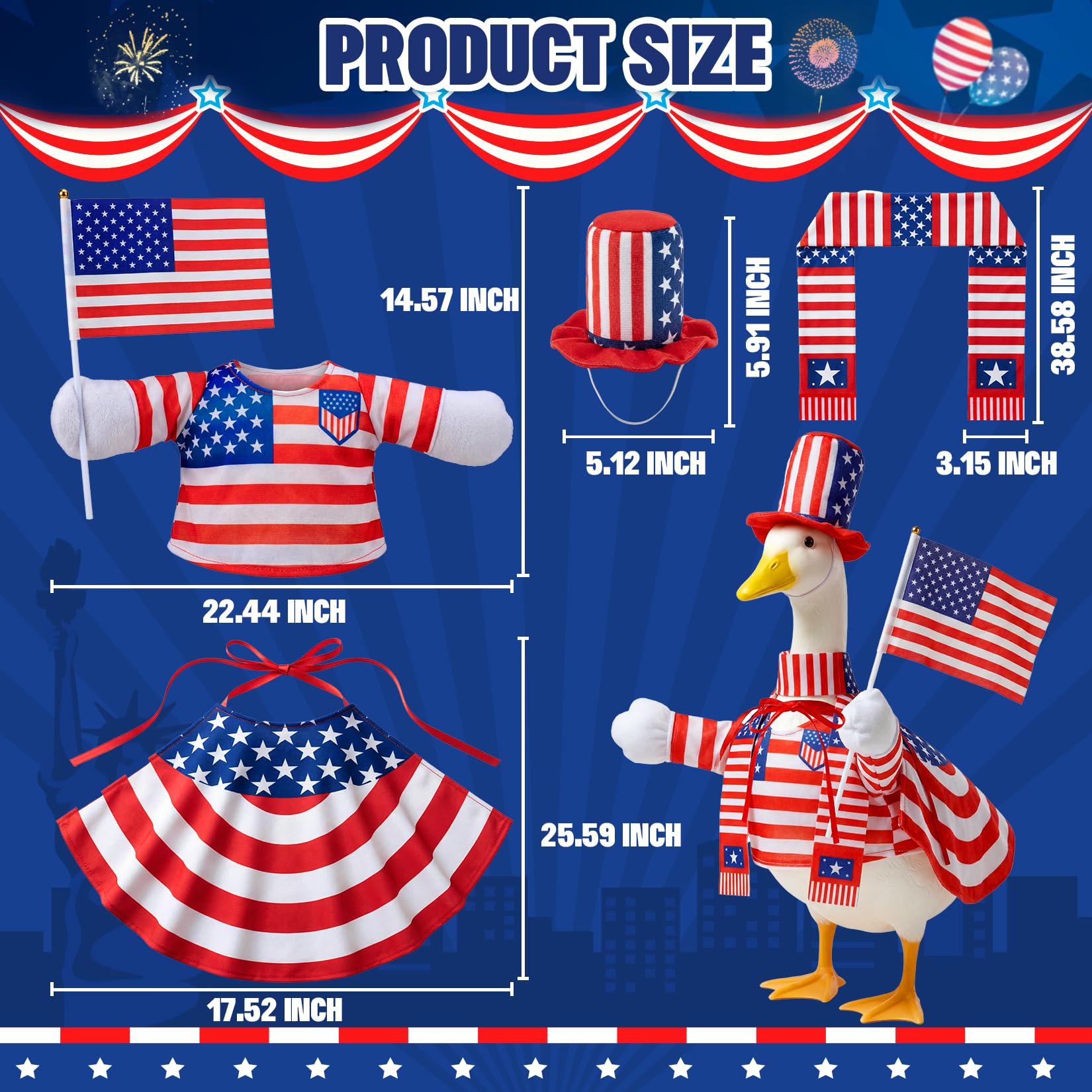 Close-up of the blue patriotic goose outfit accessories