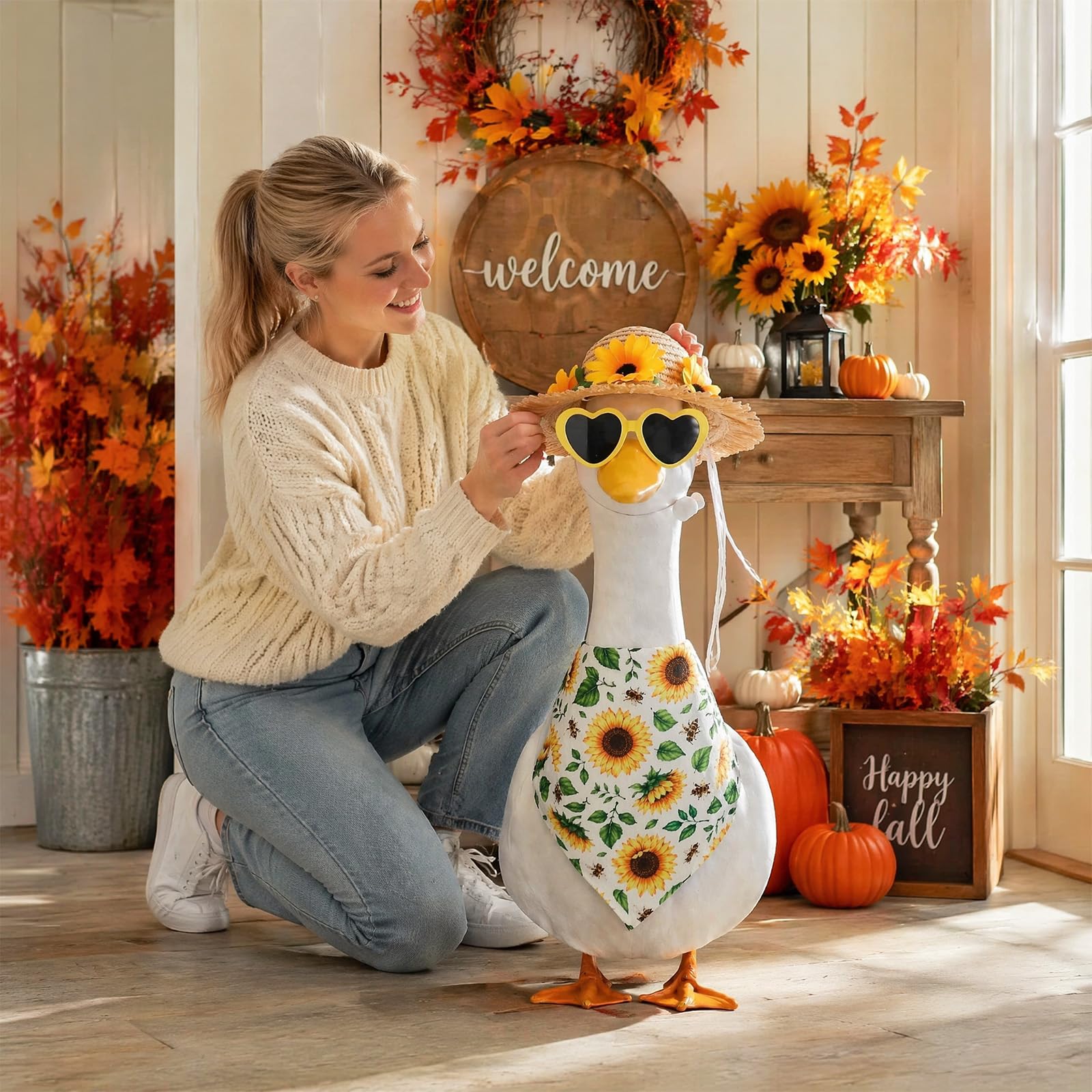 Close-up of the bowknot straw hat in the Fall Goose Outfit