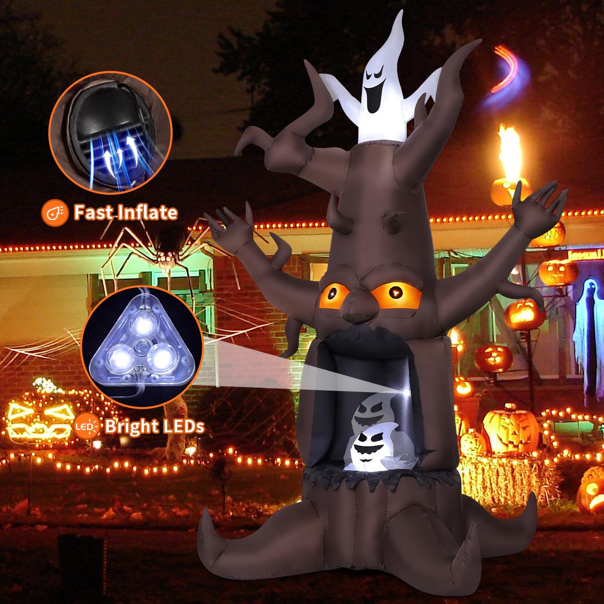 Close-up of the bright LED lights on the Halloween inflatable tree